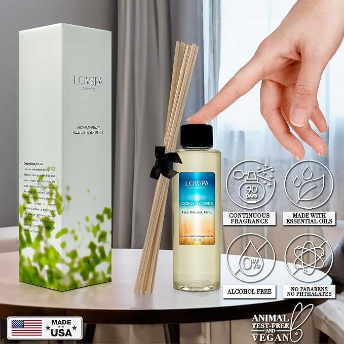 Ocean Flowers Reed Diffuser Oil Refill, 4 oz, Room Scent, Spa Aroma | Verbena, juniper, and lily profile, includes replacement reeds, bathroom decor, beach house, entryway, powder room