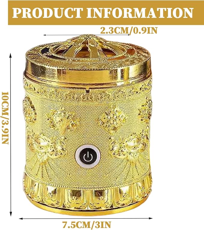Electric Incense Burner Portable Vintage Electric Bakhoor Burner USB Rechargeable Golden Aromatherapy Diffuser for Car Home Office Yoga Tabletop 3x3.9 inch