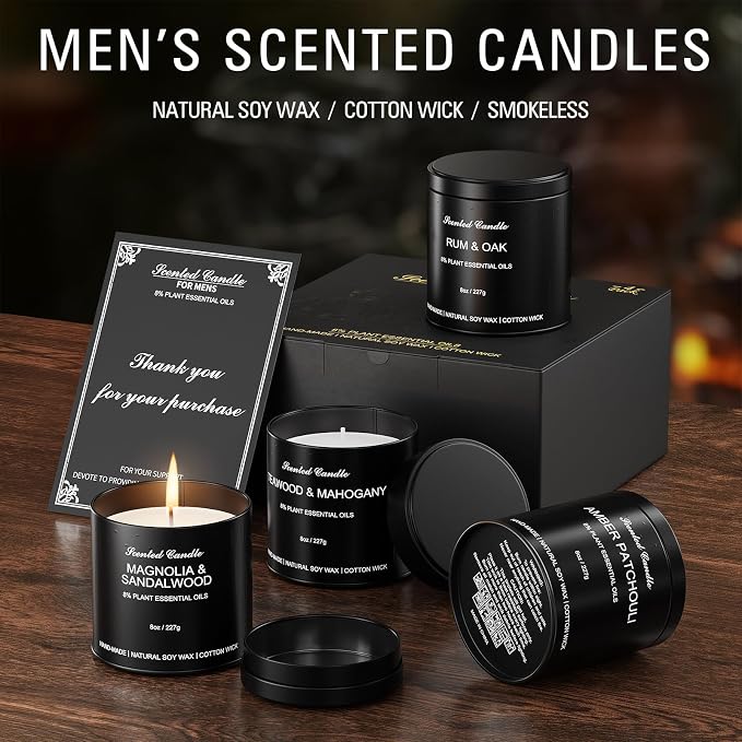Scented Candles for Men - Candles Gifts for Men, Soy Wax, Cotton Wick, Birthday, Christmas, Anniversary Present, Valentine (4x8oz)
