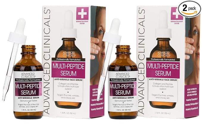 Advanced Clinicals Multi Peptides Serum For Face | Visible Anti Aging Hydrating Collagen Peptide Facial Serum With Vitamin E Helps Improve Look Of Wrinkles, Puffiness, & Uneven Skin Tone, 2-Pack
