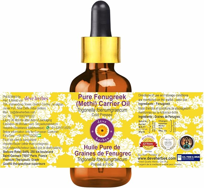 Deve Herbes Fenugreek (Methi) Oil (Trigonella foenumgraecum) | Cold Pressed | Pure | Natural | for Diluting Essential Oils | for Hair, Skin & Massage | Non-Sticky | Lightweight | Unisex | 30ml (1 oz)