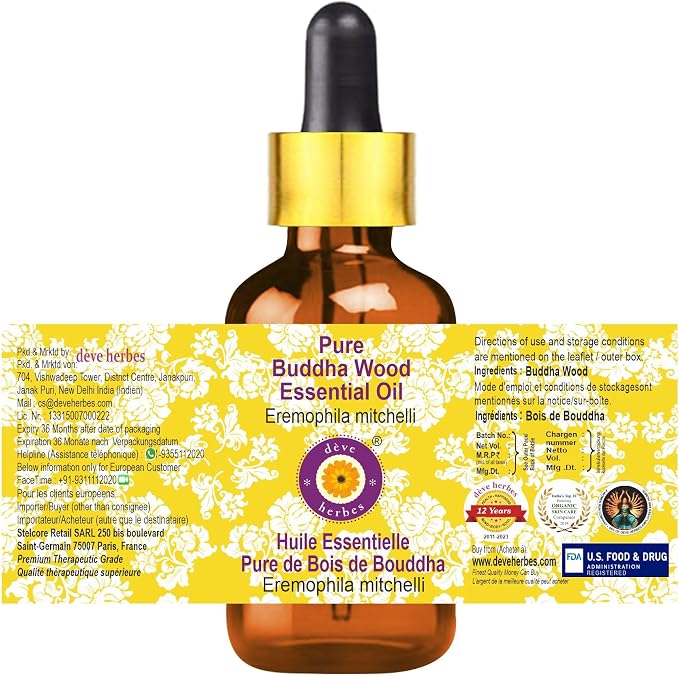 Deve Herbes Pure Buddha Wood Essential Oil (Eremophila mitchelli) Steam Distilled with Glass Dropper 5ml (0.16 oz)