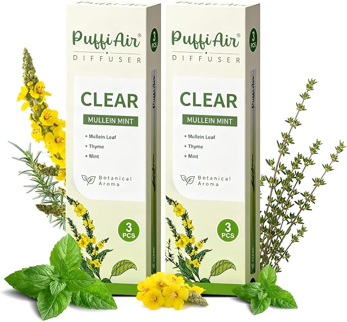 PUFFIAIR Botanical Fragrance Stick Set – Mullein, Thyme & Mint Botanical Scent, Plant-Based Personal Fragrance Accessory, Portable Non-Electric Design, 6 Sticks (2 Packs)