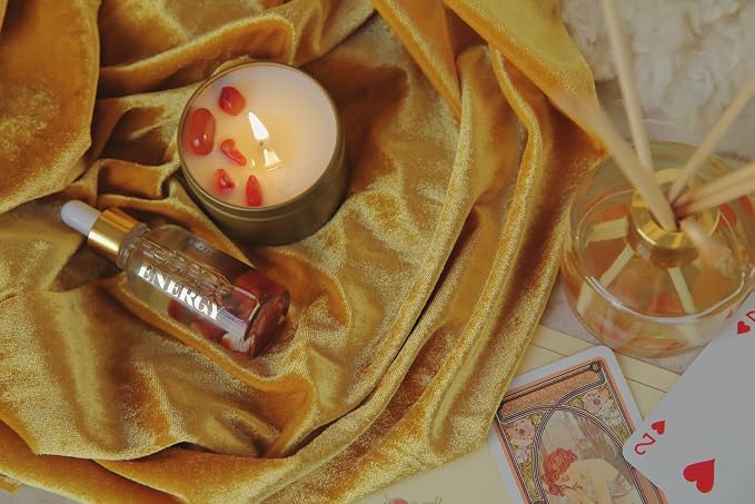 Crystal Infused Essential Oil Vial, 1 Oz, Energy - Red Carnelian Crystal Infused - Scents of Lemon, Grapefruit, & Bergamot - Aromatherapy Oils, Massage, Stress Relief