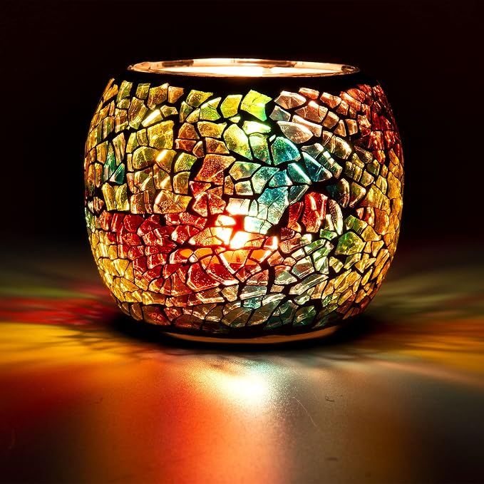 Scented Candle Holder Mosaic Glass Tea Light Holder,Handmade Romantic Glass Tealight Candle Holder for Aromatherapy,Party Décor(NO Candles),Also Used as Vase,Pen Holder,Potted Plants Bowl (Rainbow)