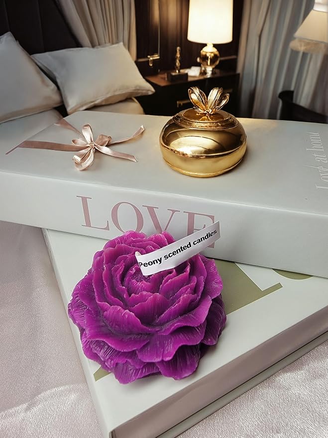 Peony Flower Shaped Candle with Scent, Soy Wax Blend Aromatherapy Candle, Gift Candle, Gifts for Women, Candles for spa, Stress Relief, Meditation, Wedding, Home Decor, Relaxing Atmosphere, (Purple)