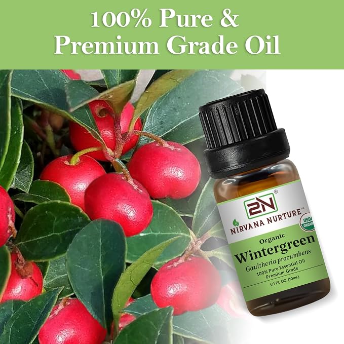 Wintergreen Essential Oil, USDA Certified Organic, 100% Pure Undiluted, Aromatherapy Oil for Diffuser, Hair & Skin Care