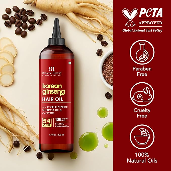 Botanic Hearth 100% Pure Korean Ginseng Oil For Hair Growth & Hair Treatment Oils 6.7 Fl Oz | Infused with coconut Oil | Hair Oil Repairs Dry Damaged Hair, Strengthening, Healthier | All Hair Types