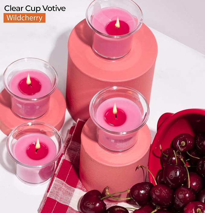 HYOOLA Clear Cup Scented Votive Candles - Wild Cherry - 12 Hour Burn Time - 4 Pack - European Made