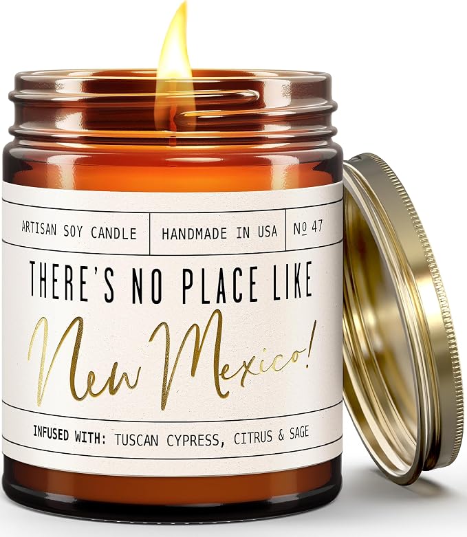 New Mexico Gifts, New Mexico Decor for Home - 'There's No Place Like New Mexico Candle, w/Tuscan Cypress, Citrus & Sage I New Mexico Souvenirs I New Mexico State Gifts I 9oz Jar, 50Hr Burn, USA Made