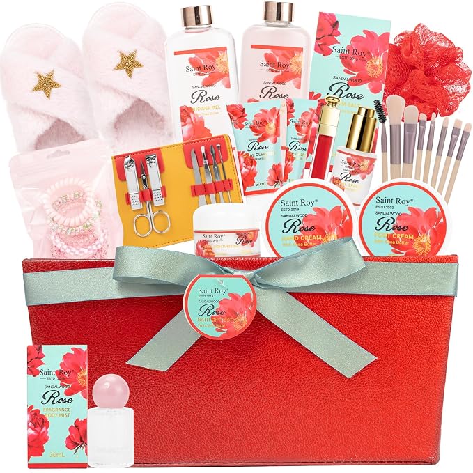 35 Pcs Spa Kit Gift for Women, Sandalwood Red Rose Bath and Body Basket Gift, Face Skin Care Kit, Home Spa Self Care, Lip Gloss, Birthday, Christmas, Mother, Bridal Shower, Anniversary