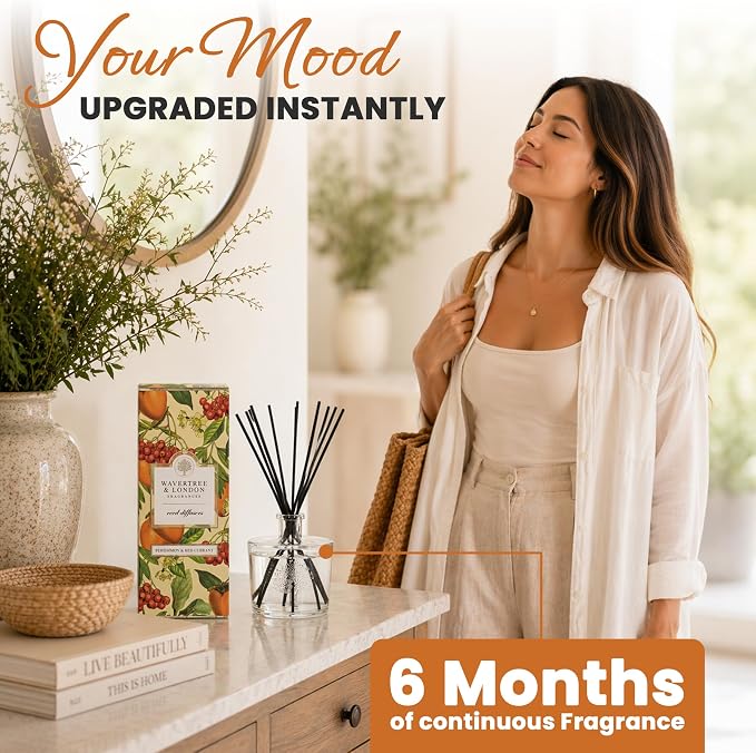 Wavertree & London Natural Persimmon & Red Currant Scented Reed Diffuser - Long Lasting Aromatherapy Air Freshener with Sticks | 250ml Glass Bottle, 6 Months Scent Life