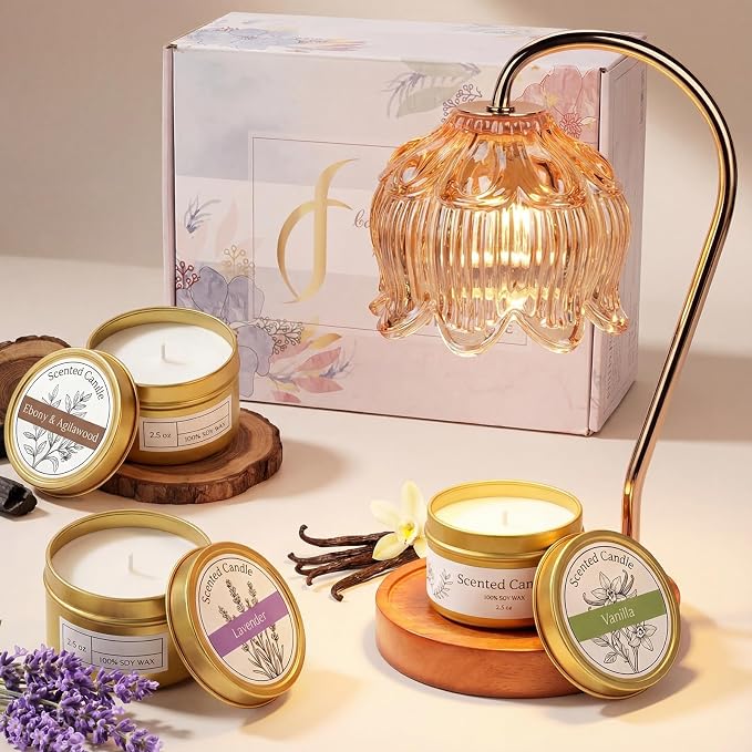 Flower Candle Warmer Lamp with Timer for Jar Candles, Dimmable Candle Lamp Warmer Gift Set with 3 Scented Candles Lavender Vanilla Oud, Christmas Birthday Gifts for Women Mom Wife Her - Amber