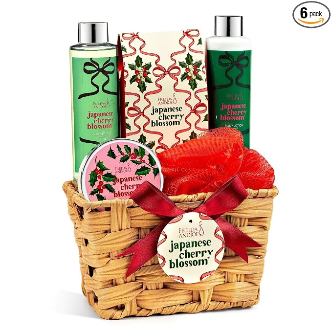 Cherry Blossom Spa Gift Set Bath & Body Basket for Women & Men | Shower Gel, Body Lotion, Body Scrub, Bath Salt, Mother's Day Gift