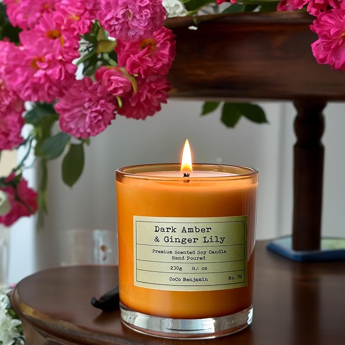 100% Natural Soy Wax Candle by CoCo Benjamin - Highly Scented & Hand-Poured Luxury Candle (Dark Amber & Ginger Lily)- Clean Burning Cotton Wick