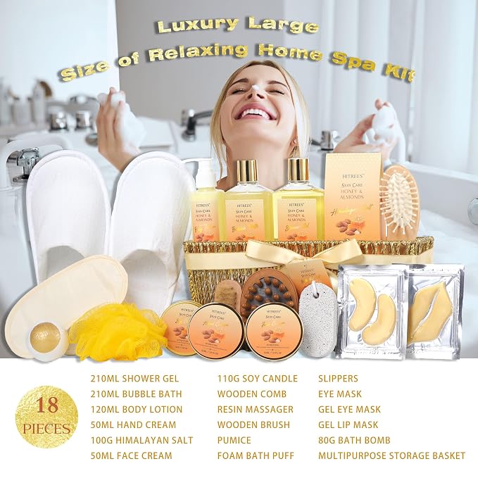 20Pcs Valentines Day Gifts for Women, Honey & Almond Milk Bath & Body Gift Basket, Face Skin Care Kit, Home Spa Gift Set, Self-Care Kit, gold bomb, Birthday, Christmas, Mother Day, Anniversary