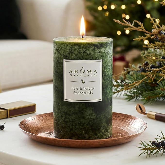 Aroma Naturals Holiday Juniper, Spruce and Basil Essential Oil Pillar Candle, Fresh Forest, 2.5 inch x 4 inch