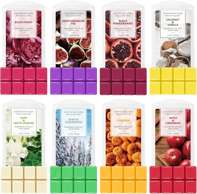 SCENTORINI Wax Melts, Summer Scented Wax Melts, Vanilla & Coconut, Apple & Cinnamon, Pumpkin, Mint & White Jasmine, Winter Cedarwood, Black Pomegranate, Mediterranean Fig, 8x2.5 oz