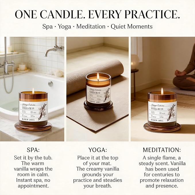 Hidden Label Vanilla Bean Scented Candle - 10oz Non Toxic Candles for Home Scented with Clear Bell Jar, Natural Soy Wax Clean Burning Aromatherapy Candle for Spa/Yoga/Meditation & Stress Relief Gifts