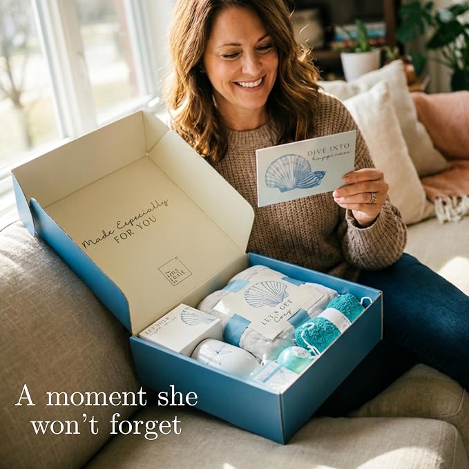 The Love Crate Co. Beach Gifts for Women, Self Care Gift Box, 15pc | Coastal-Inspired Comfort and Relaxation In One Beautifully Themed Gift