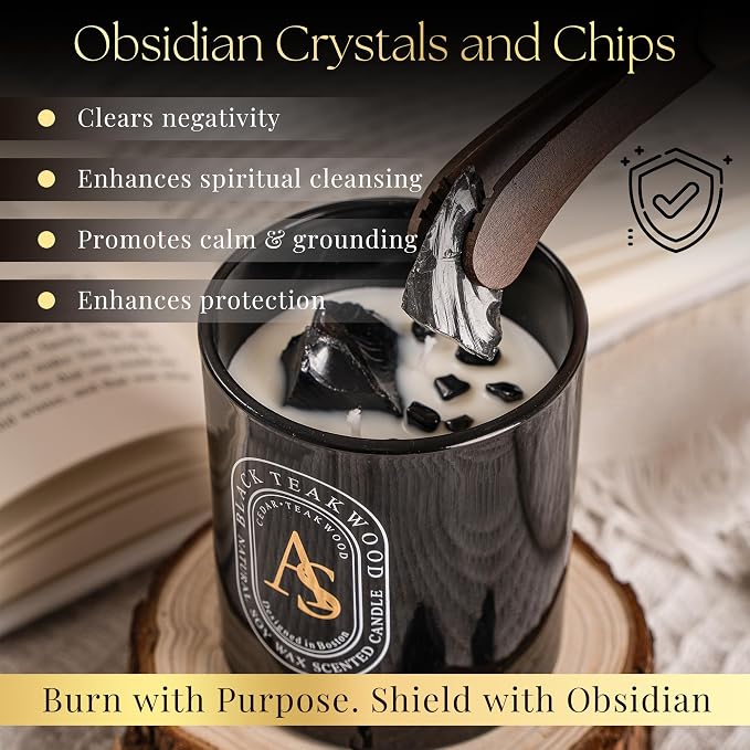 Scented Candle for Men with Luxurious Obsidian Bracelet, Teakwood for Home Scented, Hand-Poured Natural Soy Wax, Stress Relief Masculine Gift for Men, Dad, Boyrfriend, Powerful Manifestation Crystals