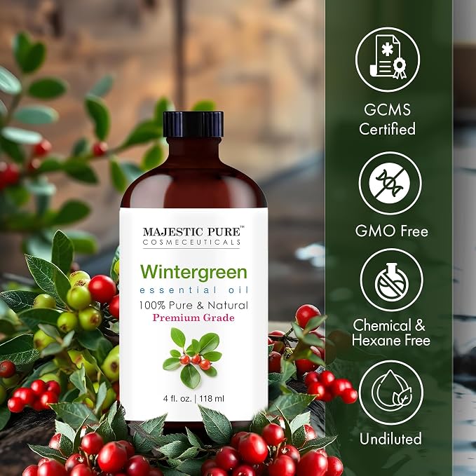 Majestic Pure Essential Oil with Glass Dropper - 100% Pure and Natural - Essential Oils for Diffuser, Aromatherapy, Soap and Candle Making, Wintergreen Essential Oil, Wintergreen Oil, 4 Fl Oz