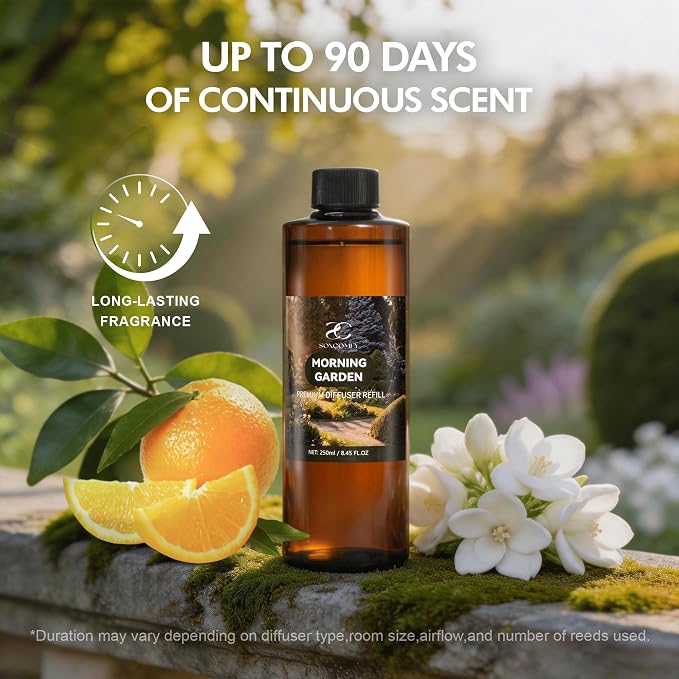 Diffuser Oil Refill, 250ml / 8.45 fl oz, Morning Garden - Reed Diffuser Oil Refill for Home Fragrance, Scented Oil for Reed Diffuser Bottles, Citrus, Jasmine & Fir Notes