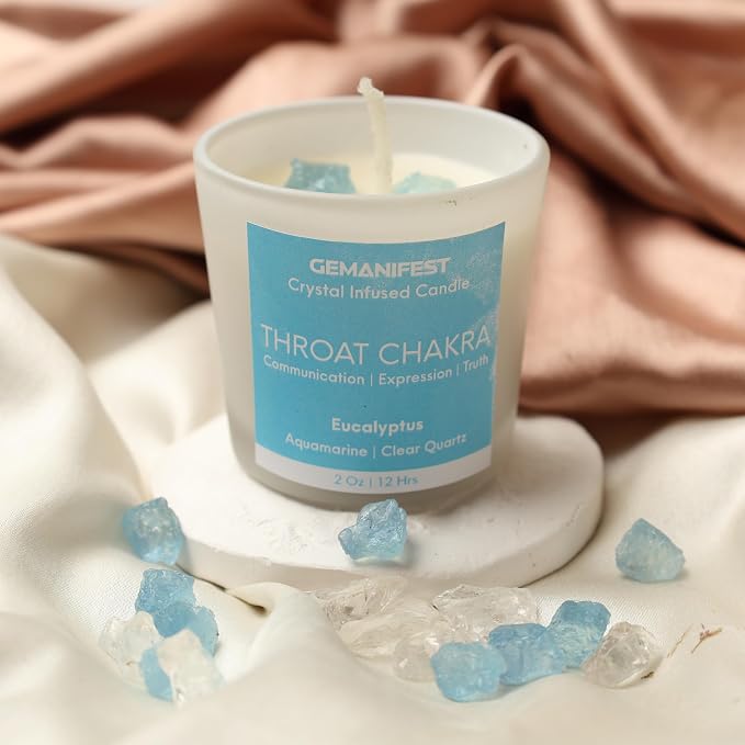 Throat Chakra Candle with Healing Crystals and Aquamarine Bracelet Eucalyptus Candle Spiritual Candles for Positive Energy Meditation Communication Clarity
