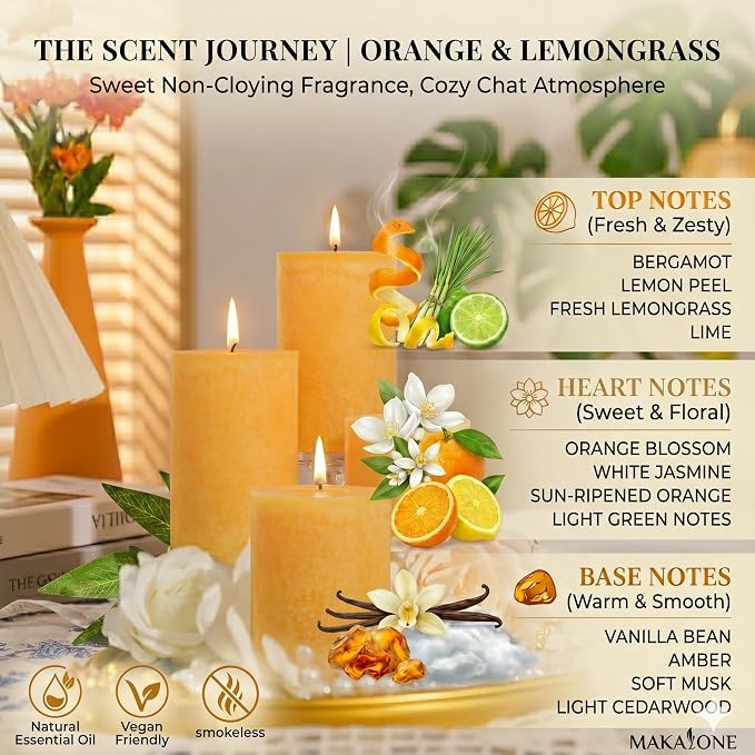 Orange Lemongrass Scented Pillar Candles 4 Pack, 60 Hours Long Lasting Burn Natural Essential Oils,2.8 x 4 in - Fresh Citrus Scent for Outdoor Patio & Home Refresh,Natural Repellent Vibes& Home Spa