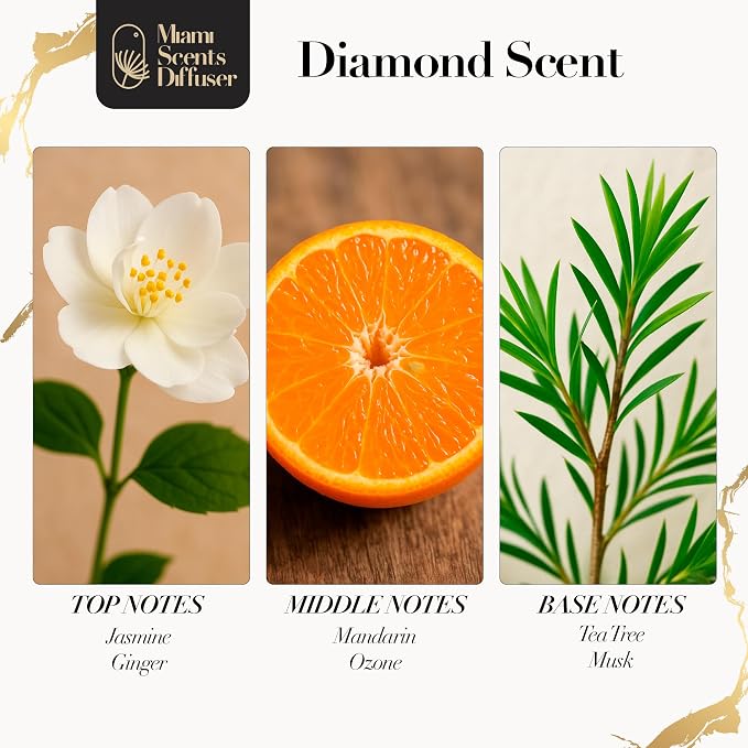 Diamond Touch Essential Oil Refill Luxury Hotel Inspired - Long Lasting Aroma for Home Office Diffuser, 120ml Fresh Blend of Jasmine, Mandarin, Tea Tree and Ginger, Scent for Spa Wellness Aromatherapy