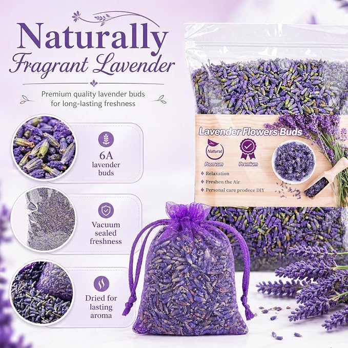 Sukh 7OZ Dried Lavender Flowers - Lavender Buds Sachets Bags for Drawers Closets Fresh Scents Dried Flowers Lavenders Sachet Bags for Patry Birthday Bridal Shower Organic Bulk