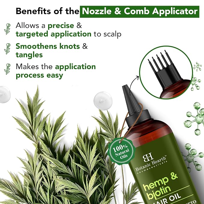 Botanic Hearth 100% Pure Hemp & Biotin Oil For Hair Growth & Hair Treatment Oils 6.7 Fl oz | Infused with coconut Oil | Hair Oil Repairs Dry Damaged Hair, Strengthening, Healthier | All Hair Types