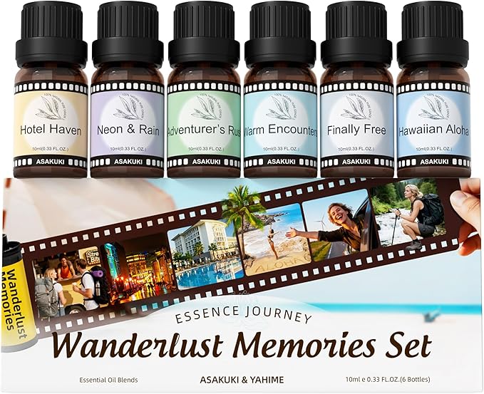 ASAKUKI Diffuser Oils Set, 6 Premium Oil Blends for Diffusers, Travel-Inspired Collection, Essential Oils for Home, Office & Bedroom
