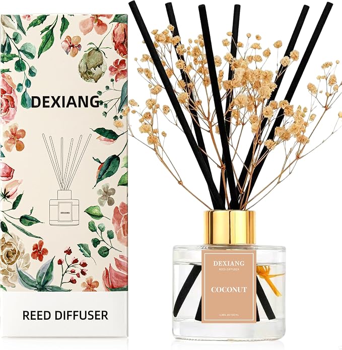 Reed Diffuser Set, 3.38 fl oz (100ml) Coconut Scent Oil Diffuser with 6 Reed Sticks, Natural Home Fragrance Reed Diffuser for Bathroom, Bedroom, Living Room Shelf Decor