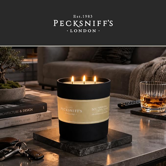 Pecksniff's Black Luxurious 3-Wick Tobacco & White Wood Scented Candle – 18.1 Oz/515g – with Metal Lid Relaxation and Elevated Home Ambiance