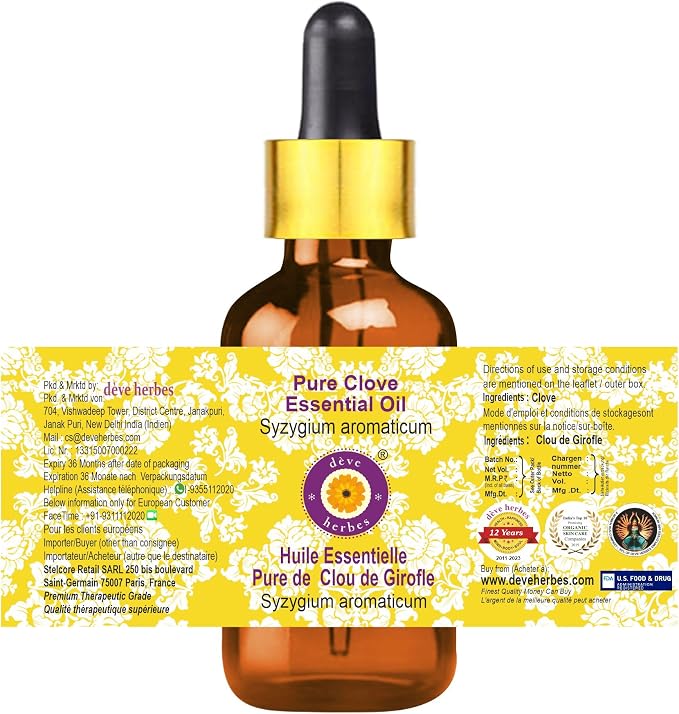 Deve Herbes Pure Clove Essential Oil (Syzygium aromaticum) with Glass Dropper Steam Distilled 5ml (0.16 oz)