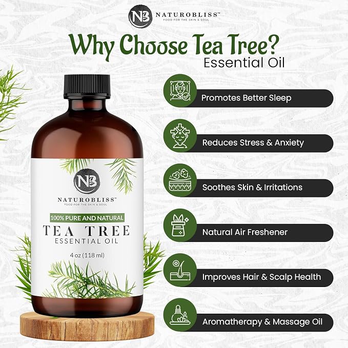 NaturoBliss Essential Oil with Glass Dropper - 100% Pure and Natural - Essential Oils for Diffuser, Aromatherapy, Soap and Candle Making, Tea Tree Essential Oil, Tea Tree Oil, 4 Fl Oz