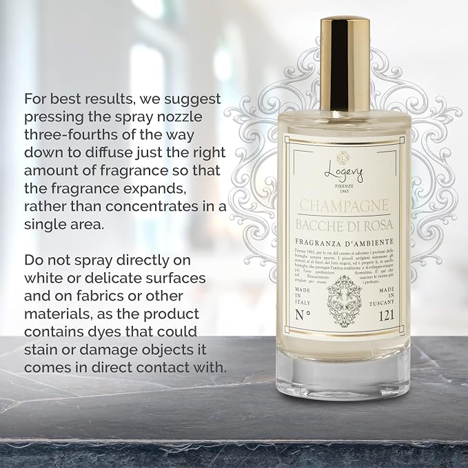 Logevy Firenze 1965 Champagne e Bacche di Rosa – Champagne and Rose Berries Luxury Home Fragrance Spray from Master Perfumer with Floral & Fruity to Captivate the Senses & Enliven Any Room – 100ml