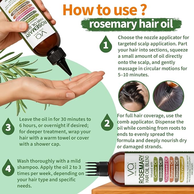 VITAL AFFAIR Blend Of Pure Rosemary Oil For Hair Growth With Castor, Batana, Jojoba Oil-Infused With Biotin & Vitamin E-Blend of Effective Hair Oils for Hair Growth-Strengthening Treatment 16 Fl Oz
