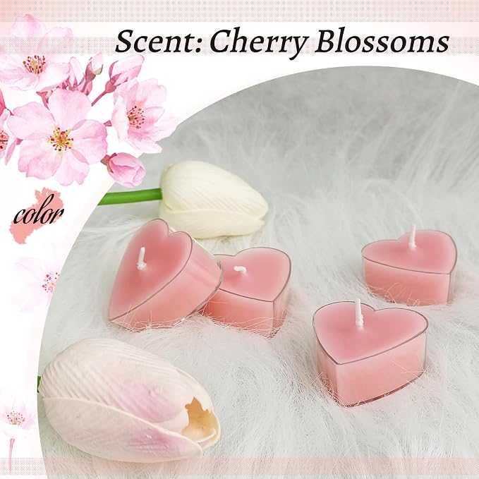 Cherry Blossom Scented Heart Tealight Candles, Pink Scent Tea Lights Candles Clear Cup, 24 Pack Colored Tealights Candle, 4 Hour Burn Time Tea Candles for Valentine's Day Weddings Romantic Decor