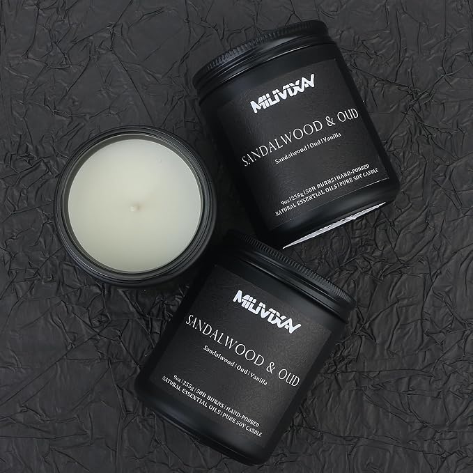 MILIVIXAY Candle for Men Sandalwood & Oud Scented Classic 9oz Jar Single Wick Candle, Soy Wax Candles for Consistent Burn, Over 50 Hours of Burn Time, Ideal for Creating Relaxing & Holiday Gifting.