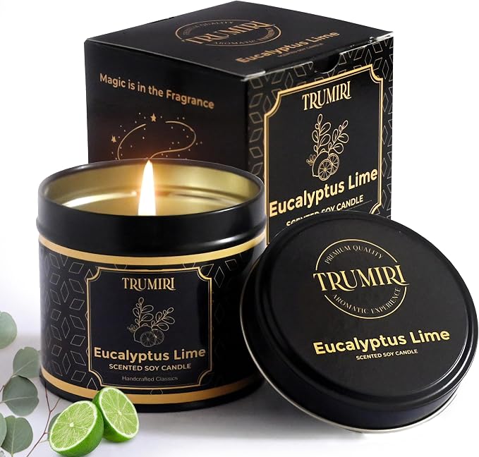 Eucalyptus Candle with Lime Strong Scented Soy Candel Clean Non Toxic Velas Aromáticas for Home Pack of 1 Gift for Fall Christmas Holidays