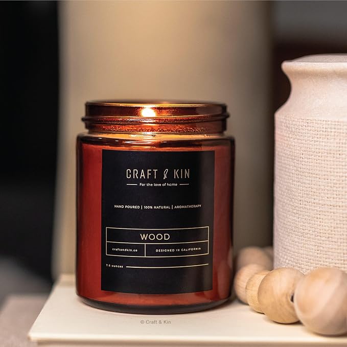 Craft & Kin Premium Wood Scented Candle – Long Lasting, 45 Hour Burn Time – Luxury Natural Soy Scented Candle – Room Decor and Aromatherapy – 8 oz