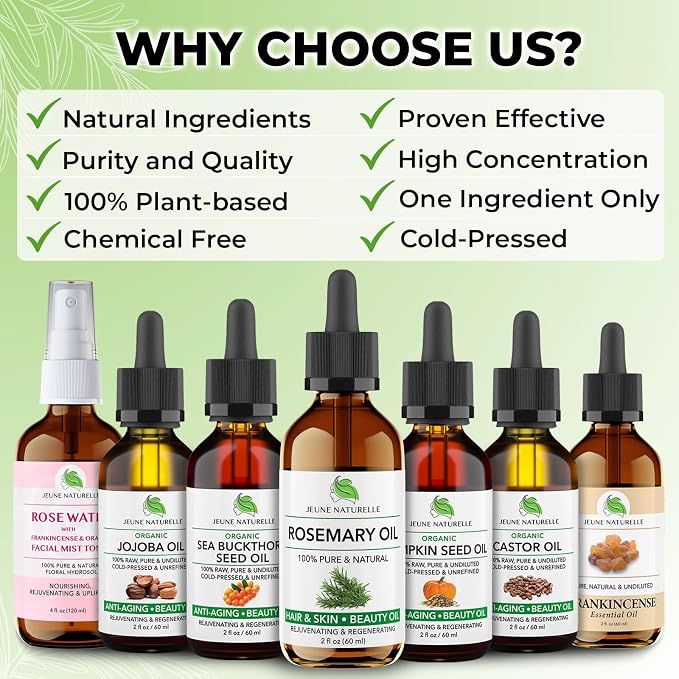 Jeune Naturelle Rosemary Oil for Hair Care, 100% Pure, Natural, Undiluted, Unrefined, Therapeutic Grade - Hair Growth Rosemary Oil, 2 oz