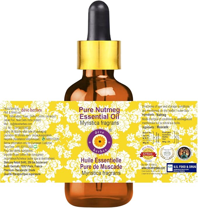 Deve Herbes Pure Nutmeg Essential Oil (Myristica fragrans) with Glass Dropper Steam Distilled 5ml (0.16 oz)