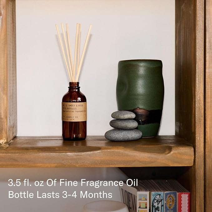 P.F. Candle Co. Amber & Moss Classic Scented Rattan Reed Diffuser (3.5 fl oz) Amber Glass Jar, Fine Fragrance Oil, Flame-Free Fragrance, Made in The U.S.A.