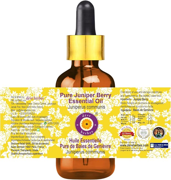 dève herbes Pure Juniper Berry Essential Oil (Juniperus communis) with Glass Dropper Steam Distilled 100ml (3.38 oz)