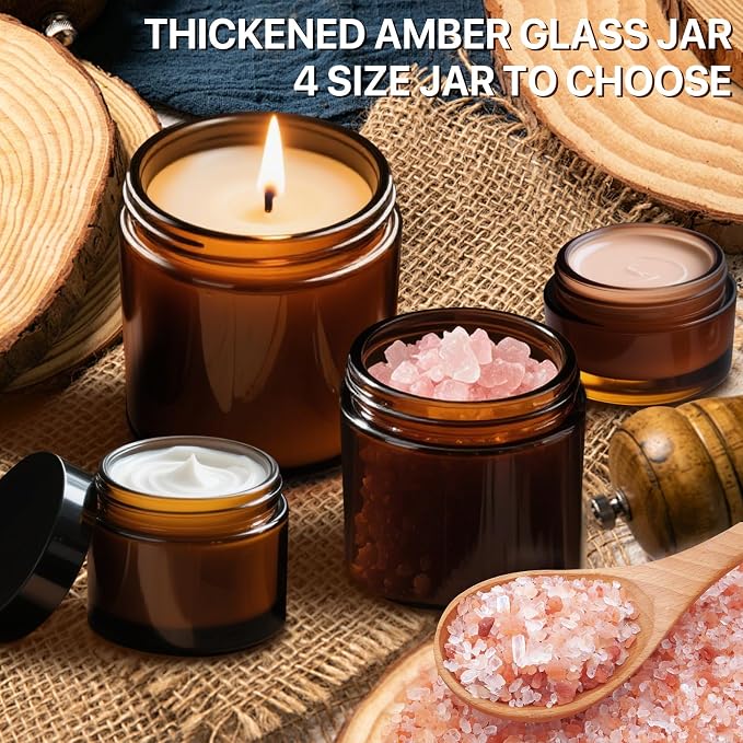 Amber Glass Jar with Lids, 8oz, 4oz, 2oz, and 1oz Glass Jars, Cosmetic Glass Round Jars with Sticker and 4p Spatulas, Reusable Travel Dark Glass Jars fit for Lotion/Creams/Cosmetic/Bulk candle - 4 Pcs