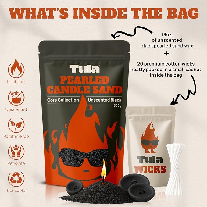 Tula Pearled Candle – 18 oz Pearled Candles Sand and 20 Wicks Kit – Plant-Based Pearled Wax – No Paraffin and Pet-Friendly – Unscented Refillable Candle Pearls – Long-Lasting Black Sand Refill