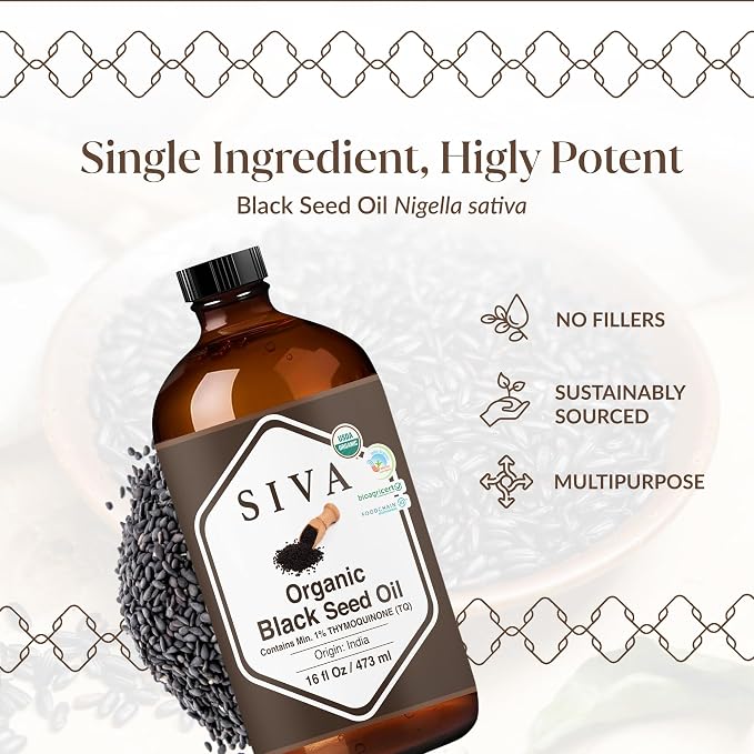 Siva Black Seed Organic Oil 16oz (473ml) Premium Cold-Pressed Organic Carrier Oil for Face, Skin Care, Body Massage, Hair Care, Hair Oiling & Scalp Massage